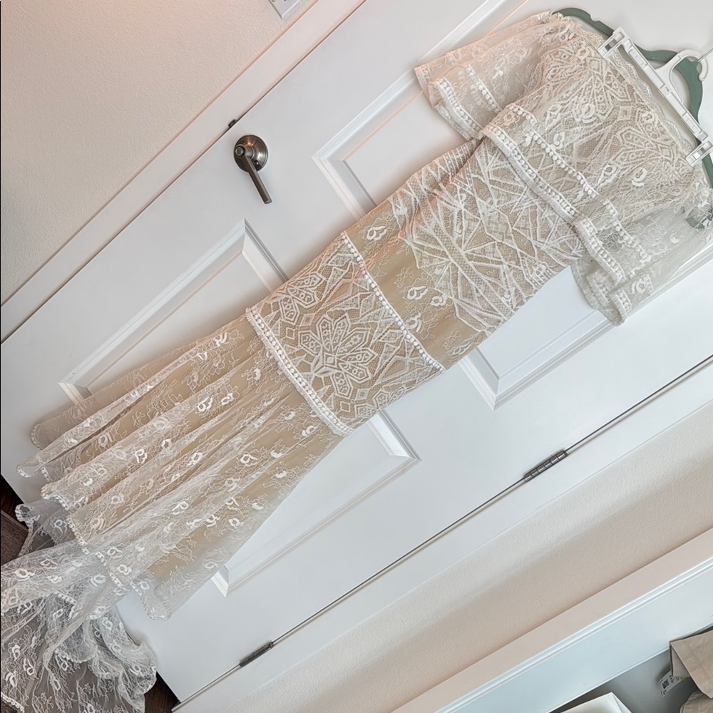 Off-Shoulder White Lace Train Maxi Mermaid Bridal Gown Dress Boho Wedding - Picture 3 of 16